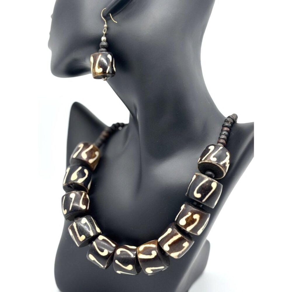 Antique Rare Burmese Pumtek Prayer Beads Fossilized Wood Necklace & Earrings Set